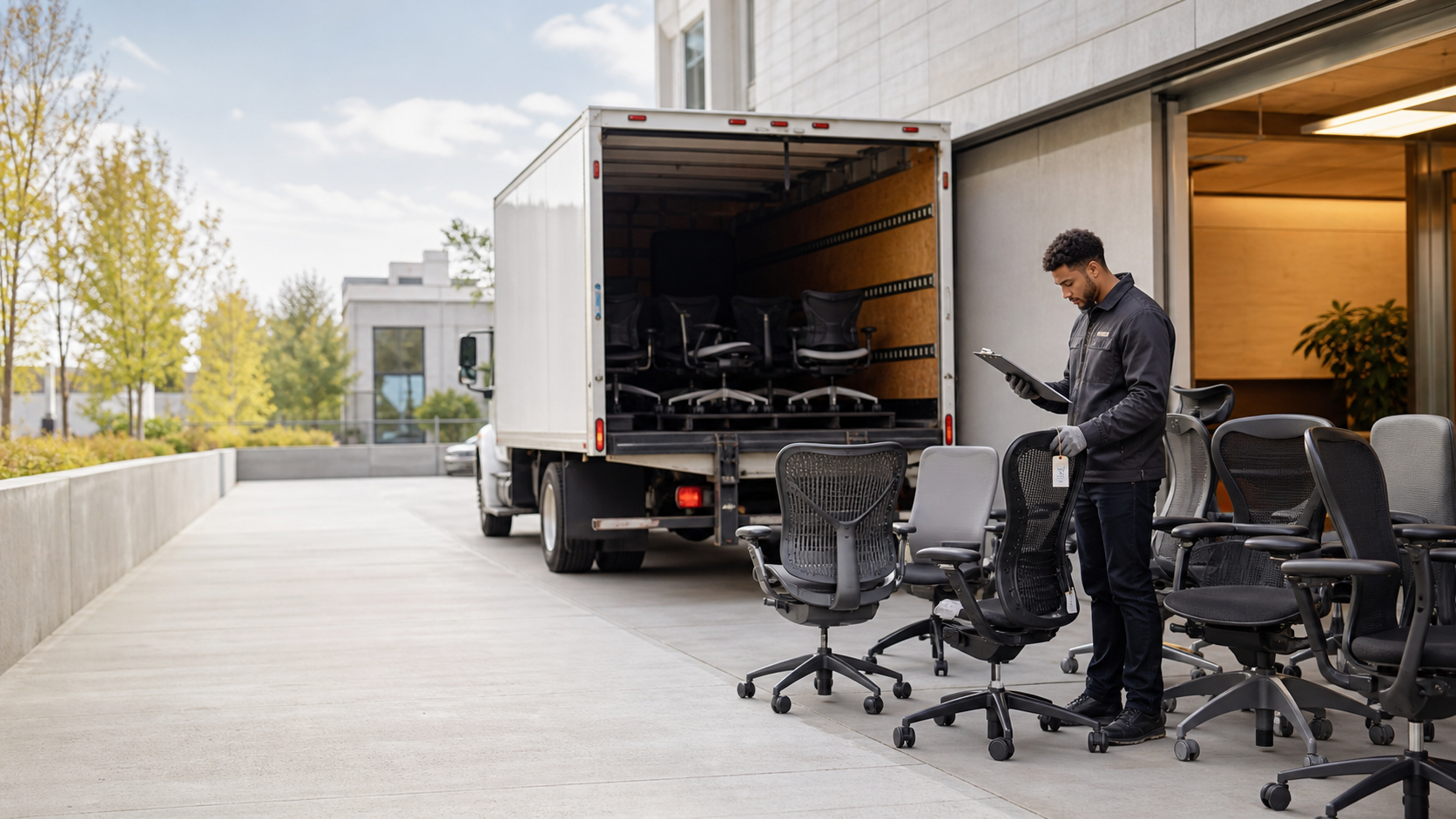 Office chairs staged for buyback pickup while a team member verifies the collection