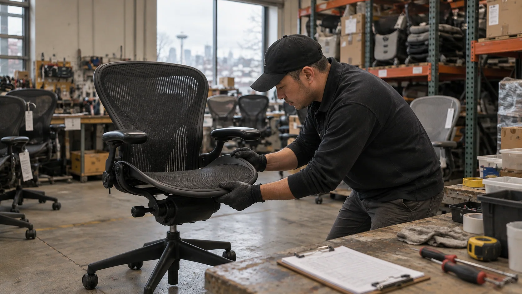 Technician inspecting a black mesh office chair in a working Seattle-area warehouse