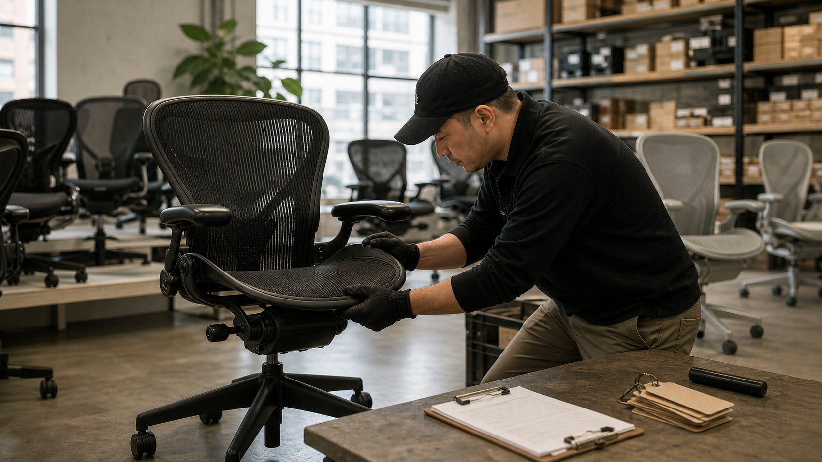 Worker inspecting a black mesh office chair in a clean chair warehouse