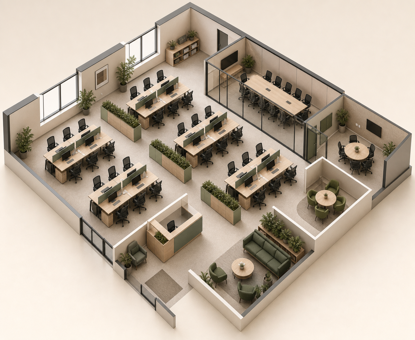 3D open office plan with workstations, meeting rooms, and lounge seating