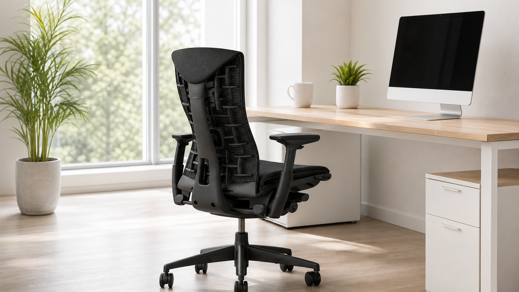 Black ergonomic task chair in a bright home office workspace