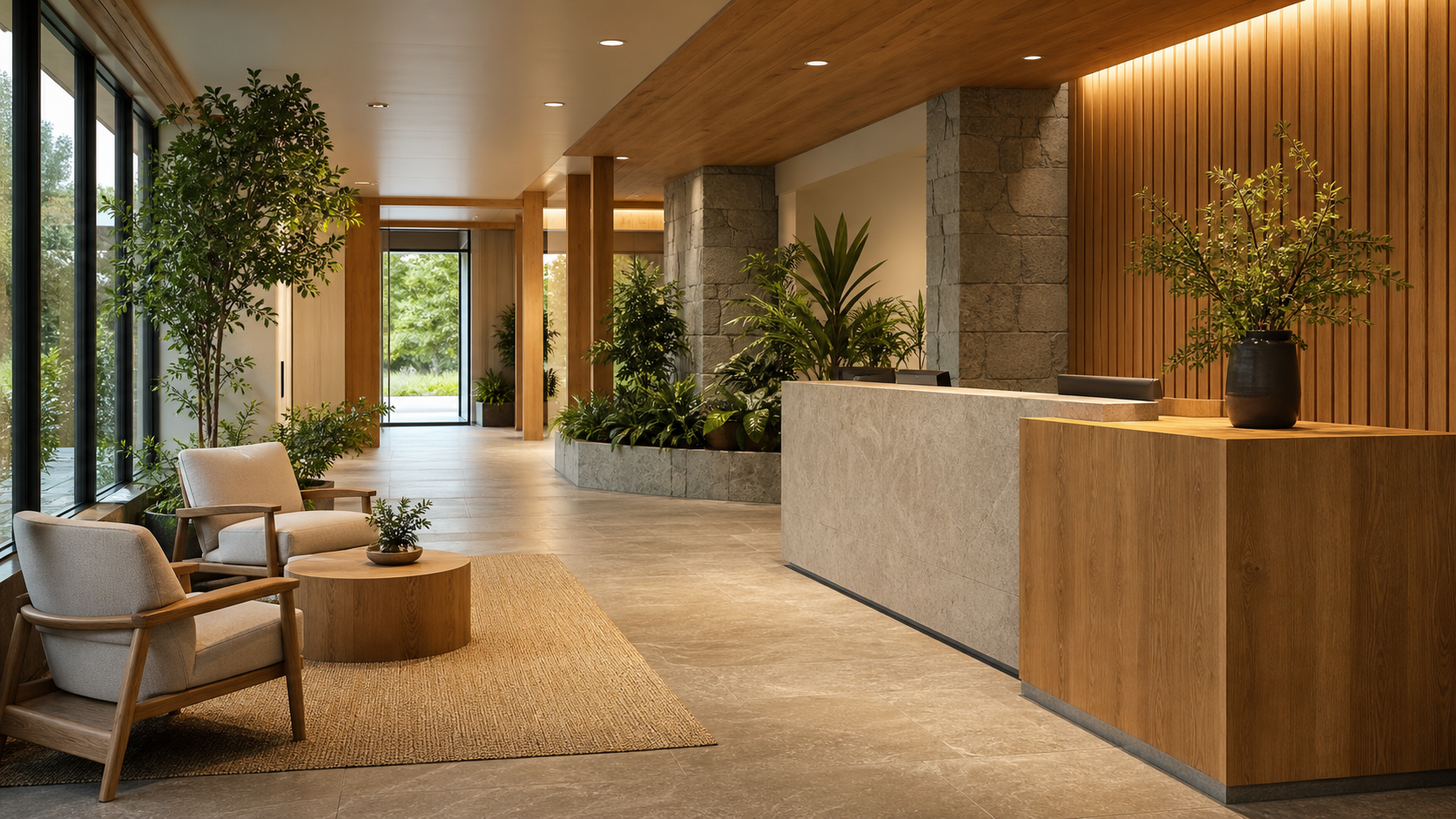 Reception desk with guest lounge chairs and integrated planters