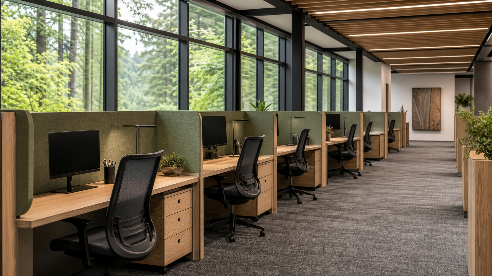 Focused workstation row with acoustic panels and ergonomic task chairs