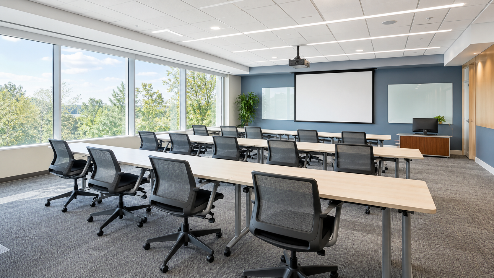 Classroom-style corporate training room with ergonomic chairs