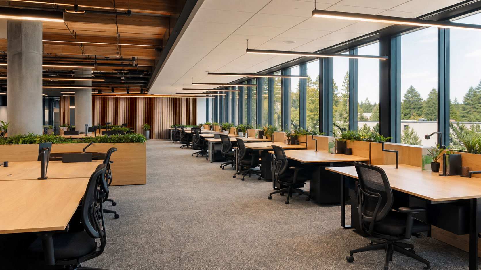 Wide open workspace with shared desks and a clear circulation path
