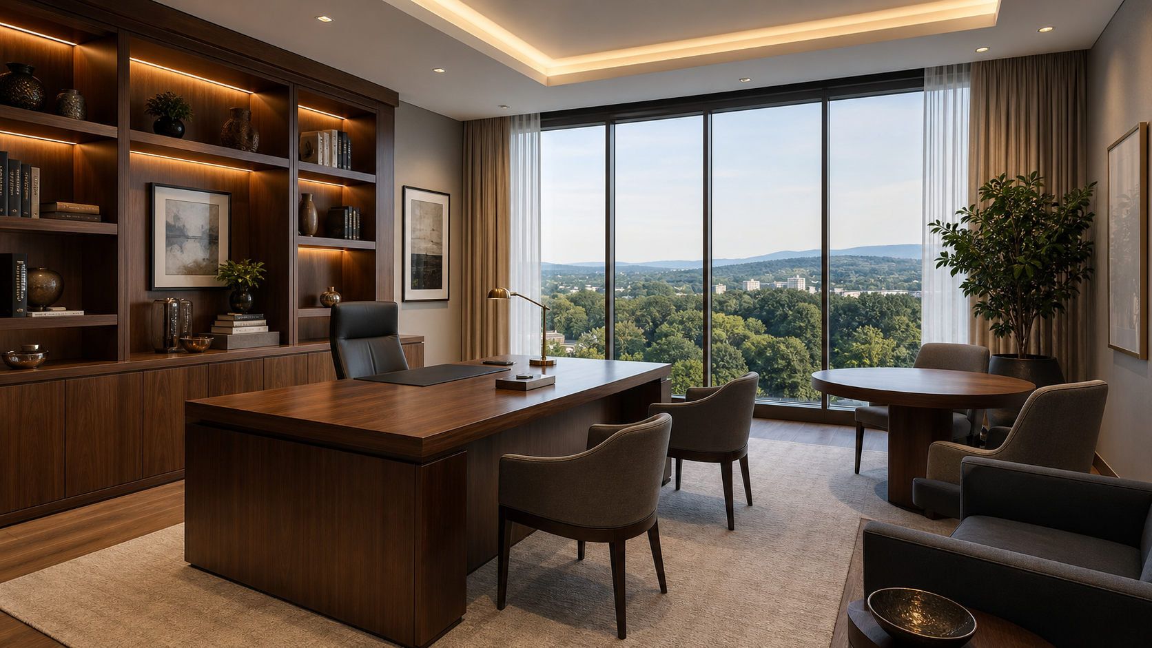 Private executive office with guest meeting seating
