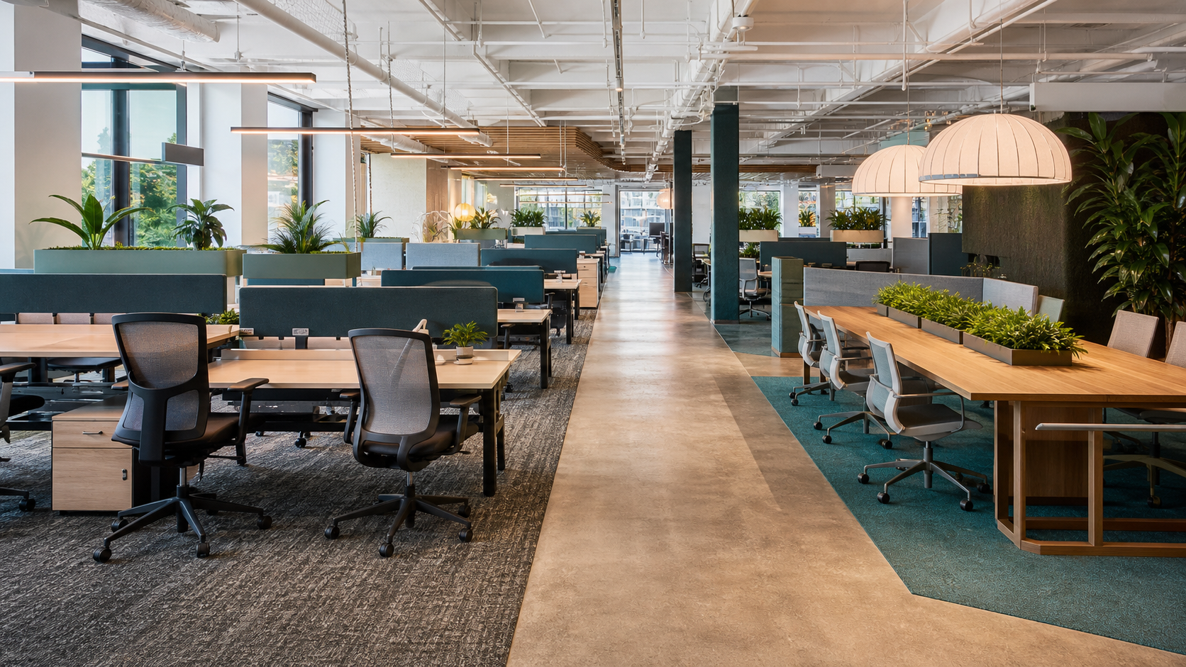 Multi-team neighborhood with workstations and shared collaboration table