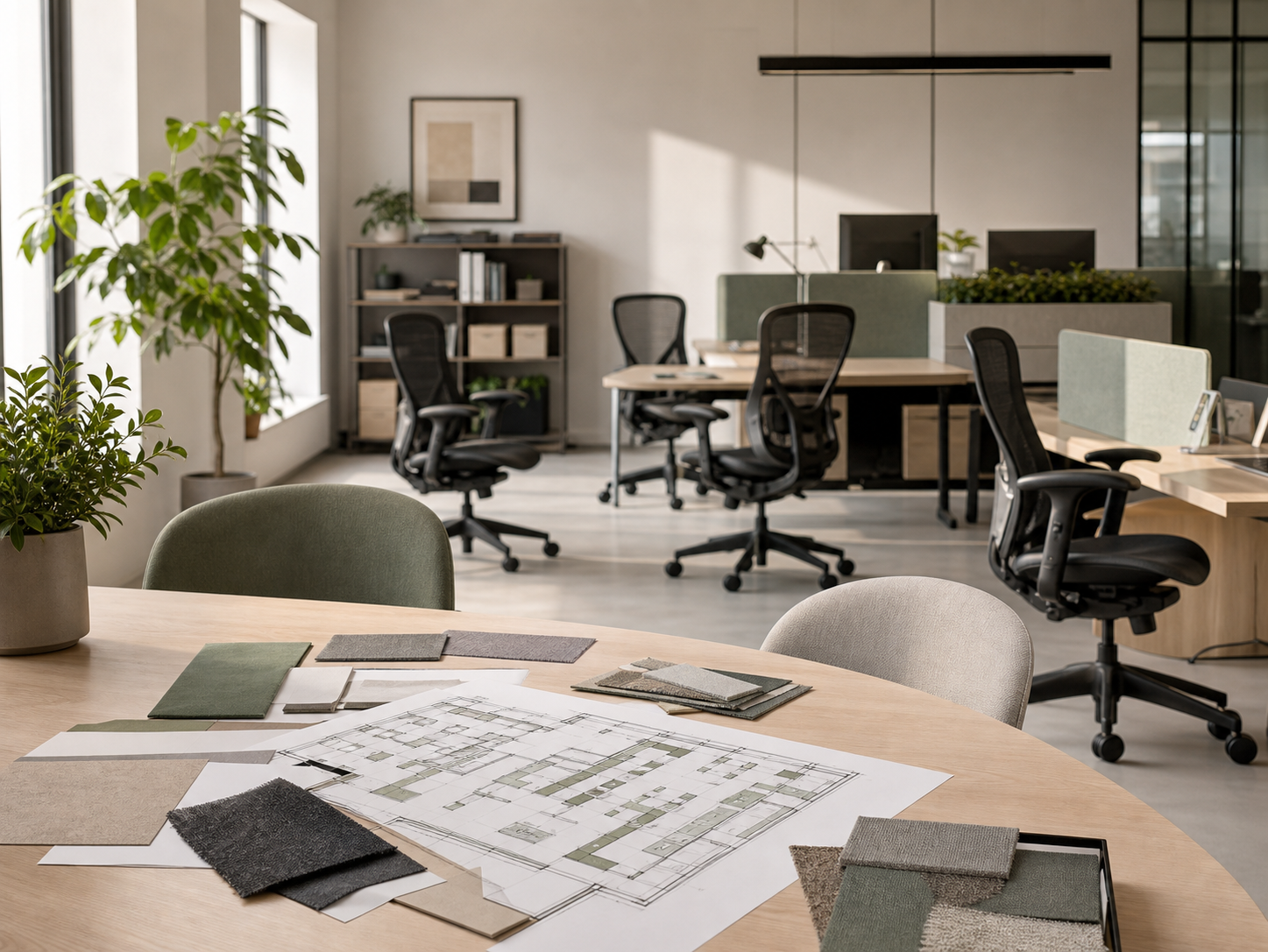 Workspace plan with chairs and material samples